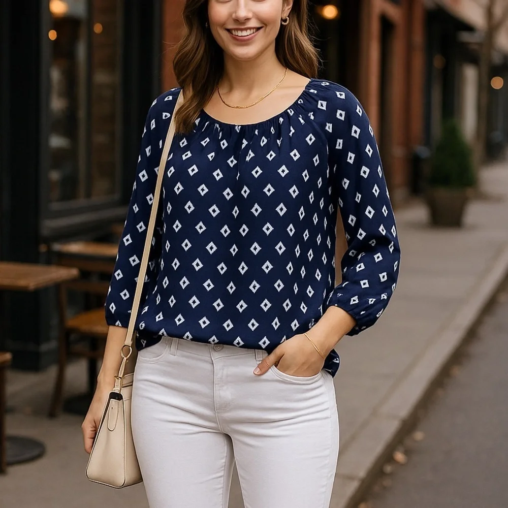 Michael Kors Navy Geometric Print Top M 3/4 Sleeve Scoop Neck Blouse Workwear